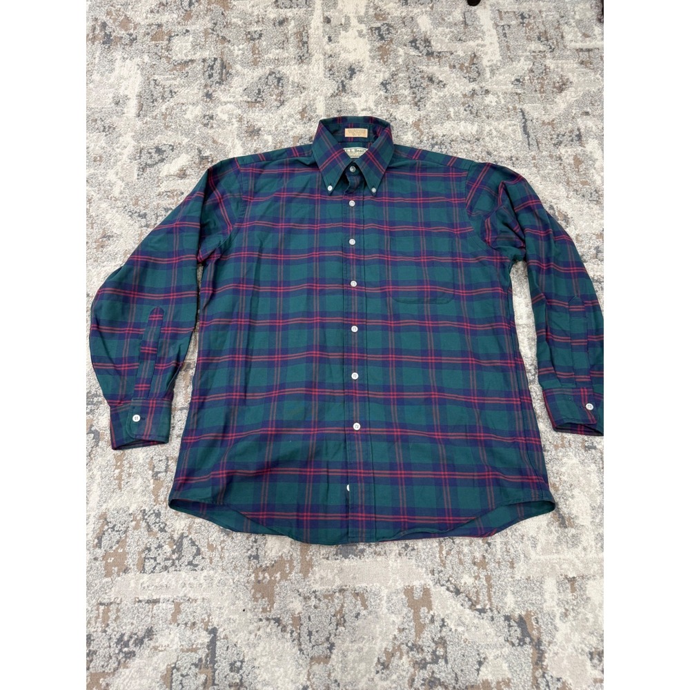 LL Bean Vintage Mens Plaid Button Down Shirt‎ Green Blue Red Made in USA 15.5-32